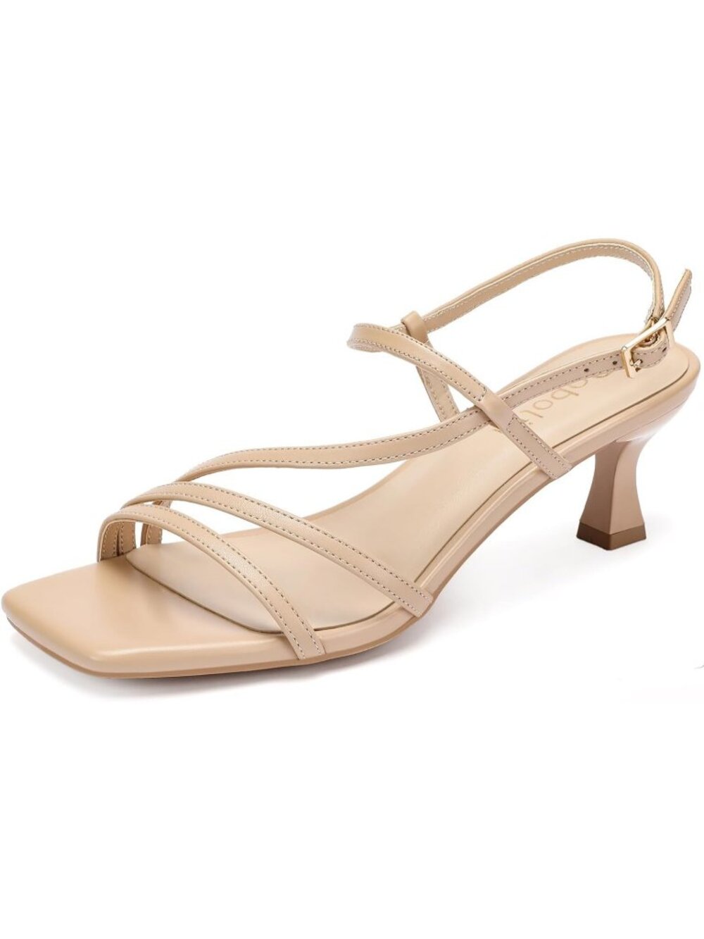 Women's Nude Faux Leather Square Open Toe Ankle Strap Slingback Low Kitten Heel